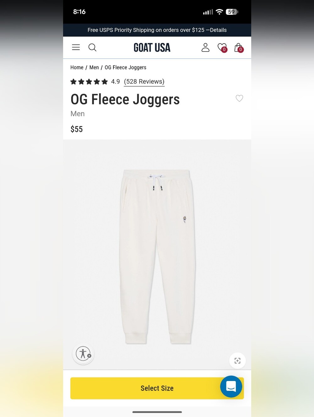 Mens Goat USA OG Fleece Joggers Size Medium Light Grey